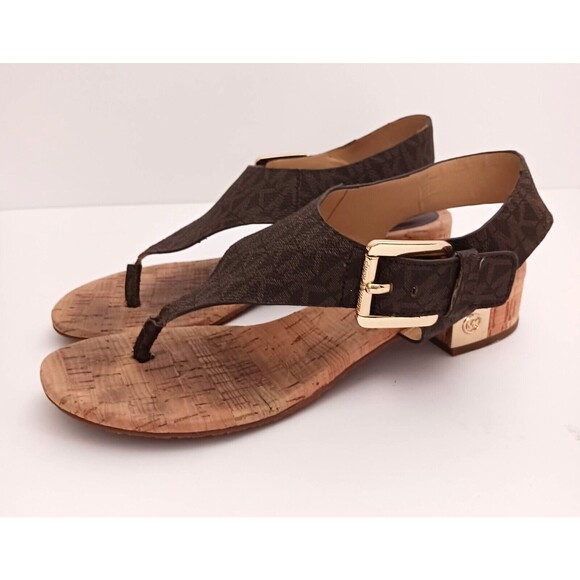 Michael Kors Thong Sandal Brown MK Logo Cork Block Heel Buckle Ankle Strap Sz 6 - Picture 7 of 12